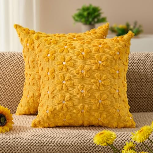 DFXSZ Spring Summer Pillow Covers 16x16 inch Set of 2 Farmhouse Decor White Flower Heart Daisy Soft Plush Faux Fur Jacquard Throw Pillows for Bedroom Sofa Holiday Spring Summer Home Decor PTK024AY16 - color: Yellow Daisy, size: 16" x 16" (Pack of 2)