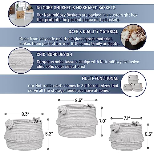 NaturalCozy 3-Piece Decorative Storage Basket Set – Cotton Rope Woven Baskets for Organizing! Small Storage Bins for Nursery Baby Stuff, Gift, Montessori, Dog Toy Bin, Cat Toys, Bathroom Shelves - color: Gray