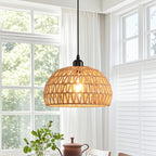 Rattan Pendant Light, 11" Boho Dome Dining Room Chandelier, Brown Woven Kitchen Pendant Lighting over Island, Coastal Wicker Light Pendant Hanging Light Fixture for Nursery Entryway Bedroom, E26 Base - color: 11" Brown