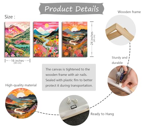 3Pcs Colorful Watercolor Mountain Canvas Wall Art Boho Floral Painting Picture Wall Decor Abstract Nature Landscape Poster Print Artwork for Living Room Bedroom Bathroom Office Home Decoration 16x24in - color: Colorful Mountain Canvas, size: 16x24 in