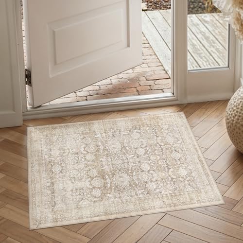 2x3 Beige Washable Neutral Area Rug for Entryway Non Slip Soft Thin Throw Rug Floral Durable Low Pile Carpet Modern Stain Resistant Door Mat for Living Room Laundry Kitchen Office Playroom - color: Accent | Beige, size: 2'x3'
