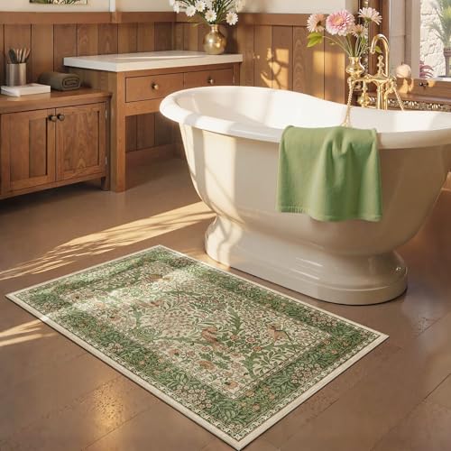 2x3 Floral Washable Area Rug for Entryway, Vintage Boho Rugs for Living Room Bedroom Dining Room, Botanical Birds Non Slip Low Pile Forest Animal Throw Carpet for Farmhouse Office, Retro Pink/Green - color: Pink Green (Larger Pattern), size: 2' x 3' (Rect