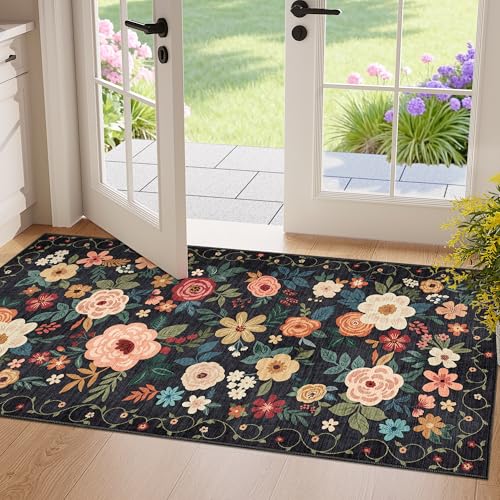 DUKINO 2x4 Rug for Entryway, Washable Kitchen Floral Runner Rug with Non Slip Backing, Low Pile Soft Boho Carpet for Kitchen, Hallway, Entryway, Laundry, Bedroom, Black - color: Black, size: 2' x 4' (Rectangular)