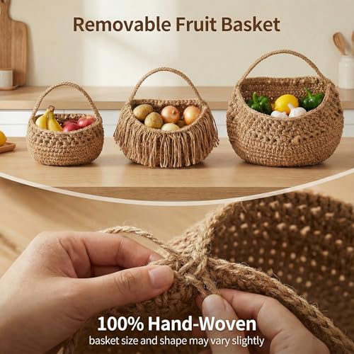 3 Tier Hanging Fruit Basket, Jute Wall Baskets Removable, Portable Produce Baskets for Organizing Fruits and Vegetables,Hanging Basket Wall Storage for Kitchen, Bathroom (Brown) - color: Brown, size: 3 Tier / Tote
