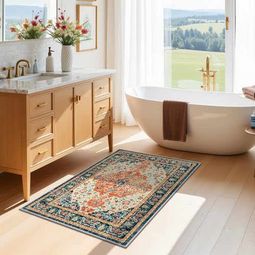 U'Artlines 2x3 Washable Boho Area Rug, Small Non Slip Vintage Doormat for Indoor Front Door Ultra Thin Mat Carpet for Entryway Kitchen Bathroom Bedroom Orange/Multi - color: Orange/Multi, size: 2' x 3' (Runner)