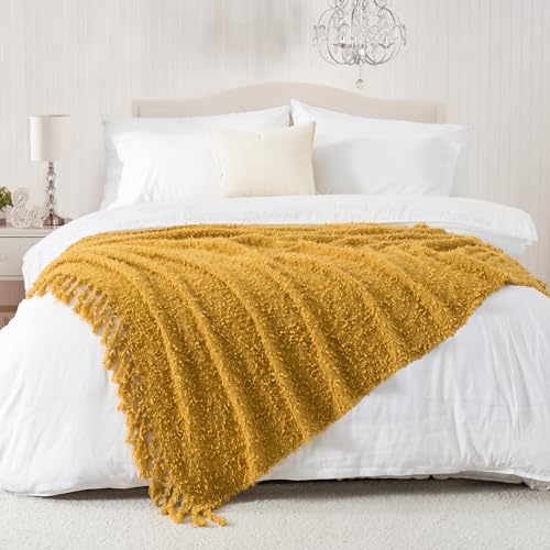 Winter Knit Throw Blanket Fluffy Fuzzy Soft Lightweight Cozy Farmhouse Tassels Chunky Knitted Throws for Couch Sofa Bed (Mustard Yellow, 50"x60") - color: Mustard Yellow, size: 50"x60"