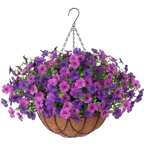 Artificial Silk Flowers Hanging Baskets Outdoors Indoors, Daisy with Eucalyptus Leaves Arrangement for Garden Yard Spring Summer Decor Faux Green Plant Metal Coconut Lining (Dark Purple Purple) - color: Dark Purple & Purple
