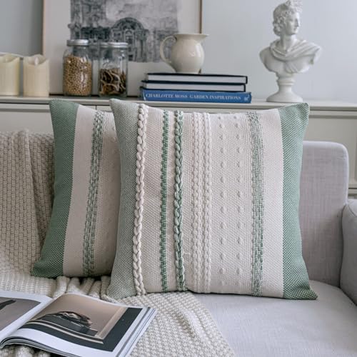 Cethom Boho Throw Pillow Covers 20x20 Inch Set of 2, Sage Green Textured Decorative Couch Pillow Cases for Farmhouse Home Decor, Accent Cushion Cover for Sofa, Bed, Living Room, Bedroom - color: Sage Green, size: 20" x 20" (Pack of 2)