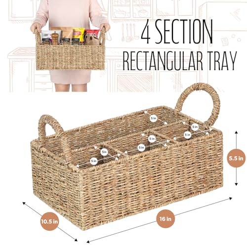 Divided Baskets with Handles, Storage Basket Natural for Organizing Bathroom Kitchen Shelves Office Supplies Organization, Wicker Storage Baskets 4 Section, 4-Compartment Wicker Basket. - color: Dark Brown