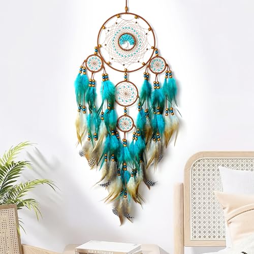 Large Dream Catchers, Boho Handmade Woven Turquoise Dream Catchers Wall Hanging for Bedroom Home Decor, Wedding Party Decor, Adults Boys Girls Festival Blessing Gift (Turquoise & Brown) - color: Turquoise & Brown