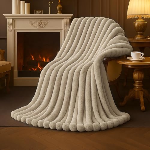 Amélie Home Faux Fur Throw Blanket for Couch, Cozy Fuzzy Fluffy Fur Luxurious Soft Striped Plush Gift Blankets for Family Sofa Chair Bedroom, 55"x70", Beige - color: Striped Beige, size: Throw(55"x70")