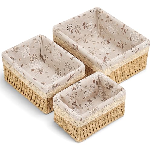 Amaredom Floral Wicker Baskets, Handwoven Multi-size 3-Pack Storage Baskets Set, Perfect For Home Organizing, Storage and Décor - Beige