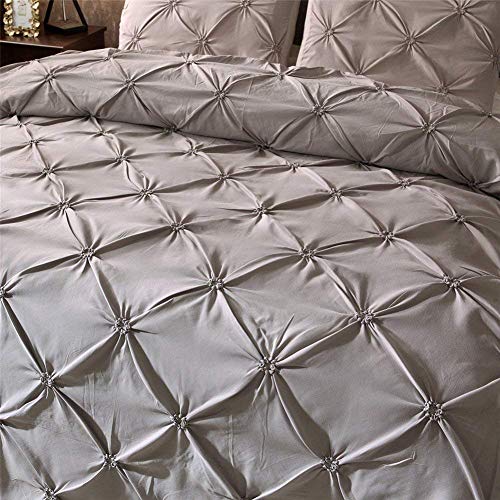 Feelyou Queen Duvet Cover Set Pinch Pleated, Soft Polyester Pintuck Tufted Style Bedding Sets Solid Grey Geometric Quilt Cover with 2 Pillow Shams, Luxurious Comforter Cover Set,3-Pieces - color: Grey, size: Queen