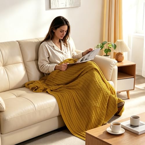 NTBAY 100% Pure Cotton Cable Knit Throw Blanket, Super Soft Warm 51x67 Knitted Throw Blanket for Couch, Sofa, Chair, Bed - Extra Cozy, Machine Washable, Comfortable Home Decor, Ginger Yellow - color: Ginger Yellow, size: Throw(51"x67")