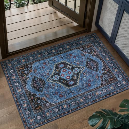 Tangsoo Blue 2x3 Washable Rugs for Entryway Oriental Non Slip Small Area Rug, Vintage Indoor Front Door Rug, Print Door Mat Indoor Entrance Soft Low Pile Throw Rug for Entry Kitchen Bedroom Blue/Black - color: Blue/Black, size: 2' X 3' (Rectangular)