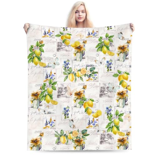 Lemon Throw Blanket for Couch Chair Sofa Bed, Flannel Soft Watercolor Summer Fruits Floral Butterfly Vintage Blanket for Bedroom Living Room Car, Warm Cozy Farmhouse Blankets for All Season 30"x 40" - color: Lemon06, size: 30X40 inch