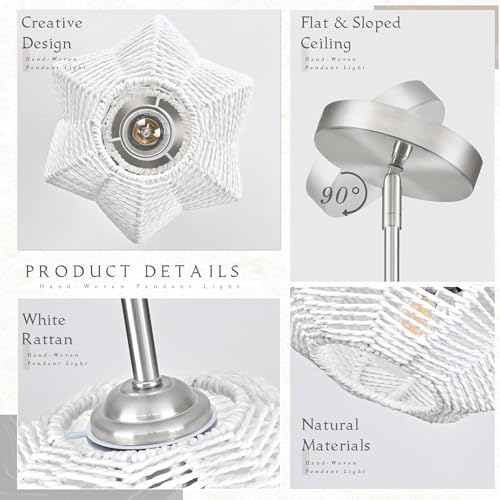 White Mini Rattan Pendant Light Hemp Rope Rattan Light Fixture Woven Pendant Wicker Chandelier Boho Chandelier for Kitchen Island - color: 8.7" White