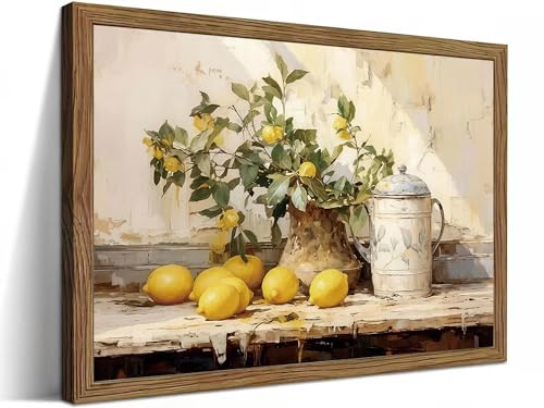 LBTZEVIR Rustic Farmhouse Wall Art Yellow Lemon Still Life Oil Painting Canvas Mustard French's Yellow Kitchen Wall Decor for Farmhouse, Dining Room & Living Room Vintage Kitchen Art Gift - color: Lemon decoration, size: 16"L x 12"W