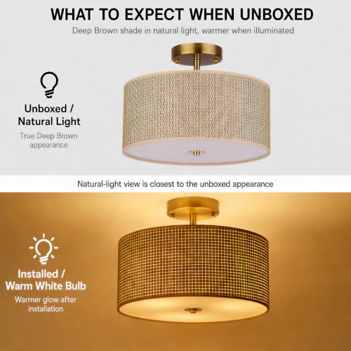 13" Woven Rattan Boho Ceiling Light Fixture, 3-Light Modern Semi Flush Mount Lamp with Drum Fabric Shade, Rustic Brown Lighting for Bedroom, Dining Room, Living Room, Hallway, Entryway - color: Deep Brown