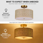 13" Woven Rattan Boho Ceiling Light Fixture, 3-Light Modern Semi Flush Mount Lamp with Drum Fabric Shade, Rustic Brown Lighting for Bedroom, Dining Room, Living Room, Hallway, Entryway - color: Deep Brown
