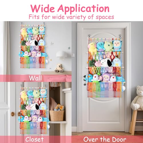 3 Tier Stuffed Animal Storage Shelf Net, 24x39 Inch Large Plushie Net w/ LED Light & Clips for Mini Medium Stuffy Teddy, Rainbow Boho Macrame Wall Toy Holder Display for Nursery Kids Girls Boys - color: Rainbow, size: Large-3 Tier-24x39 Inch