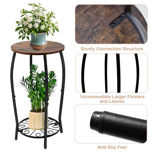 Plant Stand Indoor Outdoor, 2-Tier Tall Wood & Iron Plant Stand, 4-Leg Corner Flower Stand, Heavy Duty Floor Plant Shelf Plant Rack for Patio Living Room Balcony Home Decor