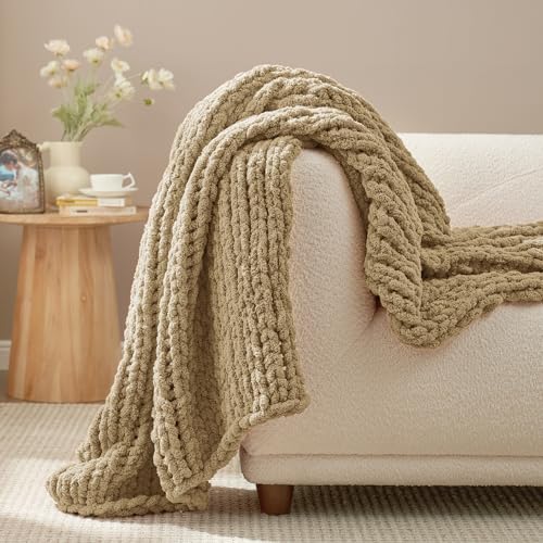 Amélie Home Chunky Knit Throw Blanket for Couch, Soft Chenille Handmade Crochet Throw Rope Knit Blanket for Bed, 40"x50", Beige - color: Beige, size: 40"x50"