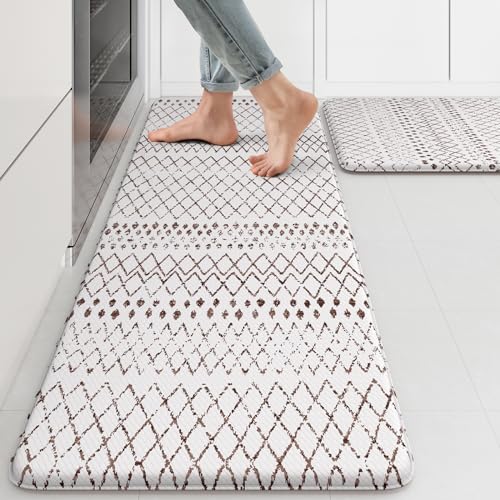 KIMODE Kitchen Mats 2PCS Cushioned Anti Fatigue Boho Kitchen Rugs and Mats Non Slip Waterproof Kitchen Mats for Floor Comfort Foam Standing Desk Mat for Home Office Sink Laundry Brown and White Decor - color: Brown, size: 17.3" x 47 "+ 17.3" x 29 "--0.47