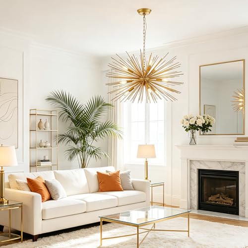 29" Modern Sputnik Chandelier 9-Lights Mid Century Modern Starburst Golden Chandelier Luxury Gold Solid Metal Sputnik Satellite Chandeliers for Dining Room, Kitchen Island, Bedroom - color: Golden 29" 9-Light
