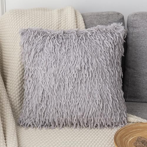 Decorative Throw Pillow Cover for Couch Sofa Fluffy Textured Square Cushion Case Shaggy Fringe Design Living Room Bedroom - color: Grey Noble Consort Velvet Pillowcase