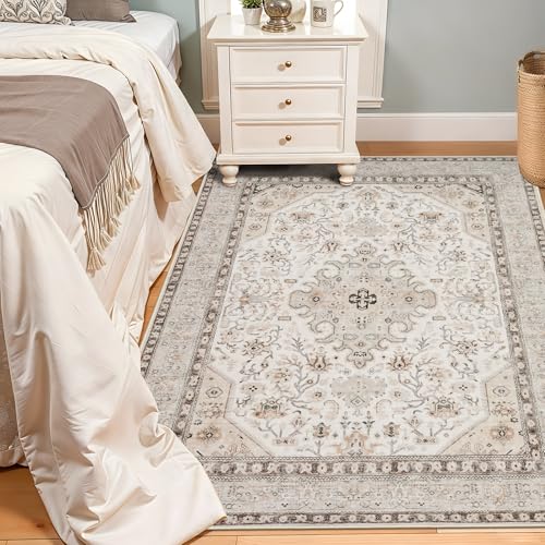 4x6 Rug Washable for Entryway: Oriental Runner for Bedroom - Ultra Thin Low Pile Stain Resistant Carpet - Home Decor for Vintage Style Lover - 4x6 Ivory - color: Ivory, size: 4x6
