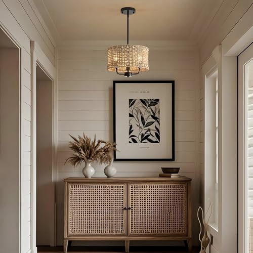 3-Light Rattan Chandelier for Dining Room, Boho Chandelier, Coastal Hand Woven Pendant Light Fixture for Kitchen Island Entryway Foyer Living Room Bedroom UL Listed Black - color: Black, size: 12.6"