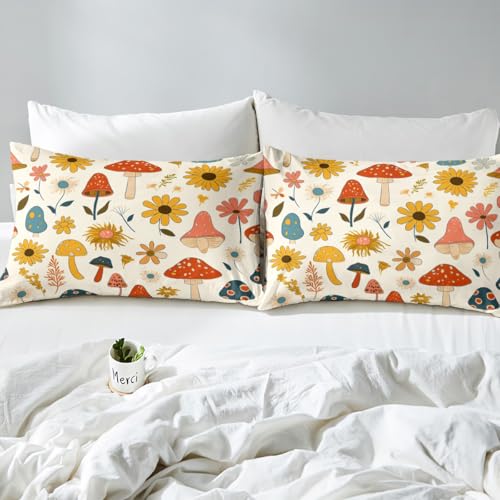 Castle Fairy Retro Mushroom Flowers Duvet Cover Set Twin Size,70s 60s Groovy Comforter for Kids Boys Bedroom Gift,Vintage Boho Plant Floral Bedding with 1 Pillowcase Bedspread, 68''x90'' - color: Multi 07, size: Twin 68"x90"