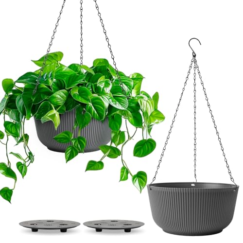 T4U 10 Inch Hanging Planters for Indoor Outdoor Plants, Hanging Plant Pot Pack of 2, Self Watering Hanging Pots with Drainage Hole & Plug & Chain with 3 Hooks for Garden Home Decor, Grey - color: Gray, size: 10 inch
