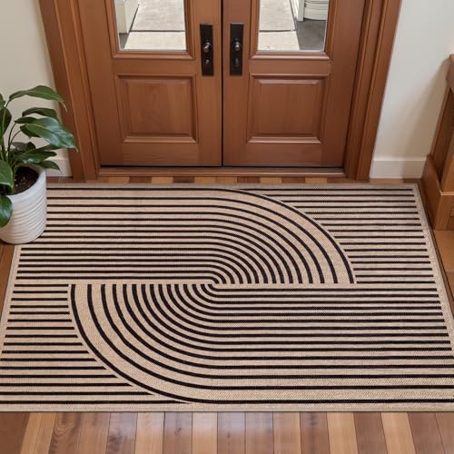 Tangsoo Rainbow Easy Jute Rug 2x4 Small Throw Rugs for Entryway,Washable Ultra Thin Outdoor Door Mat, Black Non-Slip Indoor Floor Carpet for Entrance Kitchen Hallway Bedroom Front Porch - color: Black, size: 2x4ft