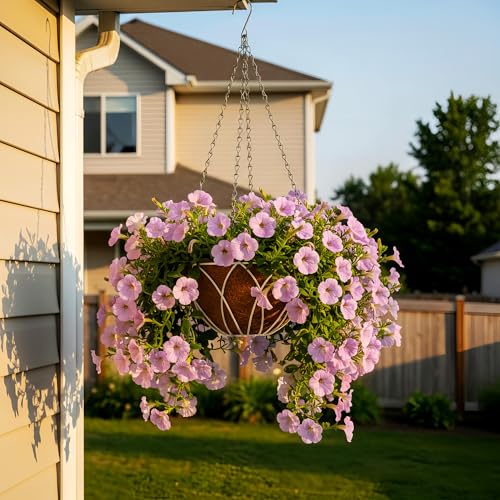 HOSY 2-Pack 12-in Hanging Metal Planter Baskets with Coconut Fibre Liner | Round Wire Planter, White, Openwork Petal-Shaped Design, 12-in Diameter, Includes Chain & Hook, Tool-Free Hanging Setup - color: Petals - White