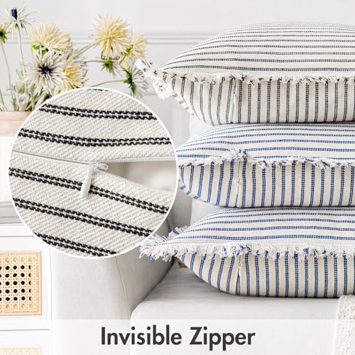 MIULEE Black Pack of 2 Pillow Covers 18x18 Inch Striped Farmhouse Couch Throw Pillow Covers with Fringe Chic Linen Decorative Cushion Covers for Sofa Living Room Bed Outdoor Home Decor - color: Black, size: 18" x 18" (Pack of 2)