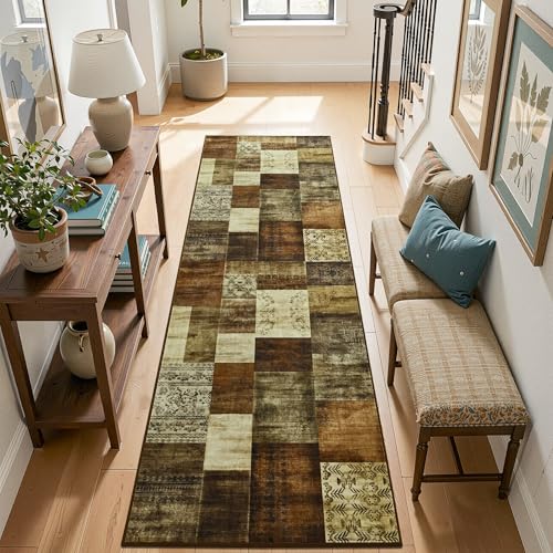 Tepook Modern Runner Rug for Living Room, 2x6 Washable Rugs for Bedroom Hallway, Geometric Patchwork Runner Rug Non-Slip Indoor Throw Carpet for Entryway Kitchen Office Home Decor, Brown - color: Brown, size: 2 X 6 Feet