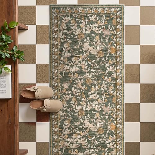 jinchan Eden Floral Washable Runner Rug 2x6 Vintage Hallway Rug Non-Slip Lightweight Soft Thin Kitchen Low Pile Distressed Orange Green Carpet for Bathroom Laundry Room Bedroom Entryway - color: Eden Green, size: 2' x 6' (Runner)