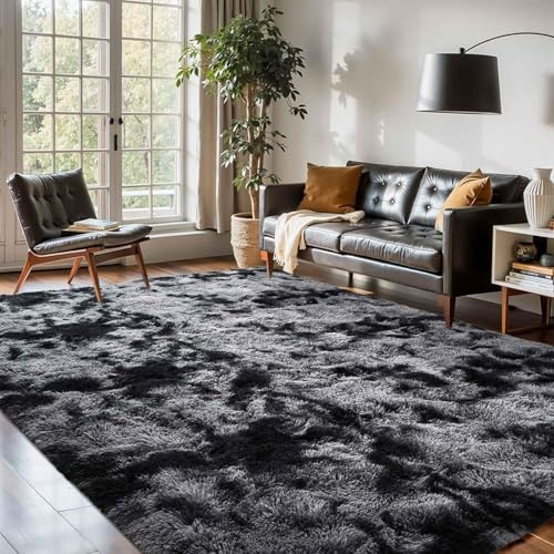 5x8 Black Grey Rugs for Living Room Fluffy Area Rug, Super Fuzzy Fur Bedroom Carpet for Boys Dorm Office Nursery Modern Home Decor - color: A-tie-dye Darkgrey, size: 5' X 8' (Rectangular)