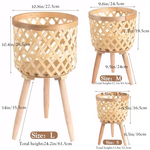 Boho rattan plant stand set of 2/3 – handwoven tall elevated wicker plant baskets for indoor plants, mid-century modern wooden planter holder with tripod legs,no-tool assembly，apartment gardening， farmhouse home decor, ideal gift for houseplant lovers - s