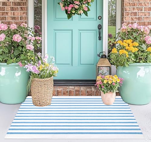 Light Blue White Outdoor Front Door Mat 24"x35",Cotton Woven Washable Striped Layered Doormat Indoor Outdoor Area Rug for Entryway Porch Decor Home Entrance - color: Blue White, size: 2' x 3' (Rectangular)