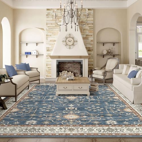 5x7 Area Rug for Living Room- Machine Washable Soft Oriental Vintage Large Indoor Floor Carpet for Bedroom Under Dining Table Home Office Decor - Dark Blue - color: Dark Blue, size: 5' x 7' (Rectangular)