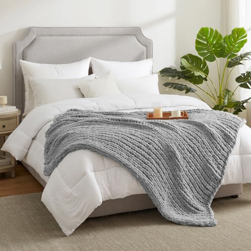 Amélie Home Chunky Knit Throw Blanket for Couch, Soft Chenille Handmade Crochet Throw Rope Knot Blanket for Couch, 50"x60", Light Grey - color: Light Grey, size: 50"x60"