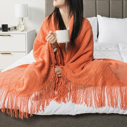 PAVILIA Coral Orange Knit Throw Blanket for Couch, Twin Bed, Soft Knitted Farmhouse Sofa Throw for Living Room, Lightweight Decorative Fall Blanket for Chair, Outdoor Textured Boho Blanket, 60x80 - color: Coral Orange, size: 60 X 80 Inches - Twin