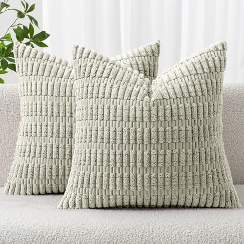 MIULEE Pack of 2 Spring Corduroy Decorative Throw Pillow Covers 16x16 Inch Soft Boho Striped Pillow Covers Modern Farmhouse Home Decor for Summer Sofa Living Room Couch Bed Light Green - color: Light Green, size: 16" x 16" (Pack of 2)