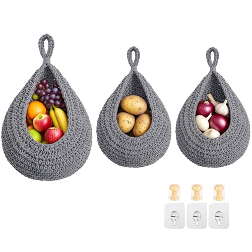 Hanging Fruit Baskets for Kitchen, 3 Pack Boho Cotton Rope Handwoven Vegetable Storage Wall Mounted Large Organizing Basket for Farmhouse Decor, Onion, Potato, Garlic and Plants - color: Grey