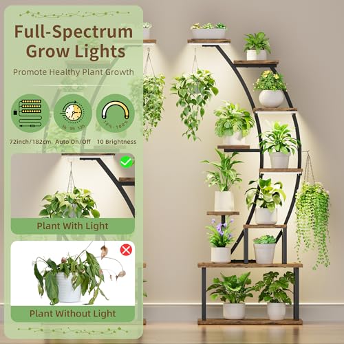 BACEKOLL Plant Stand Indoor with Grow Lights, 9 Tiered Metal Plant Shelf, 64" Tall Plant Stand for Indoor Plants Multiple, Large Plant Rack Display Shelf, Curved Plant Holder for Living Room, Patio