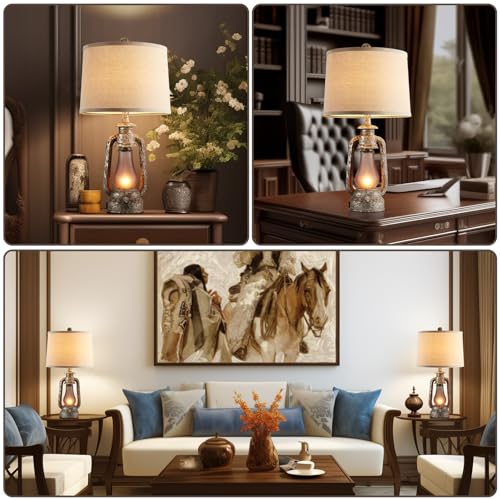 Farmhouse Rustic Table Lamps Set of 2, Iron Gray | Vintage Lantern Design, Dual USB Ports, 25 Inch Tall, 4 Bulbs Included - color: Iron Gray - 25'' Lantern Lamps