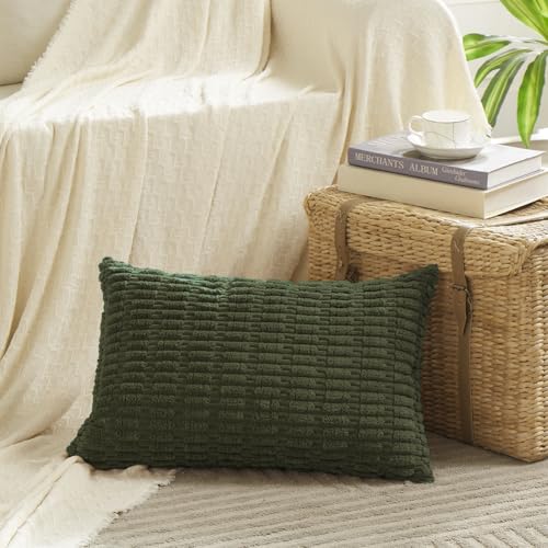 Fancy Homi Decorative Throw Pillow Covers for Bed Couch Bedroom Bench, Soft Corduroy Solid Pillow Case, Rustic Farmhouse Boho Room Decor,20" x 12" (Pack of 1),Olive Green - color: Olive Green, size: 20" x 12" (Pack of 1)